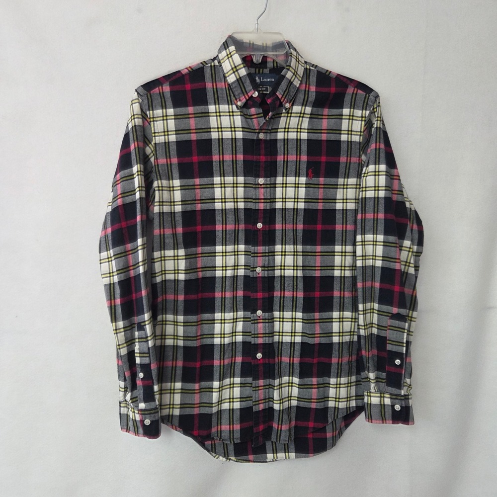 Ralph Lauren Plaid Button Down Men Medium Black Red Custom Fit Long Sleeve Shirt